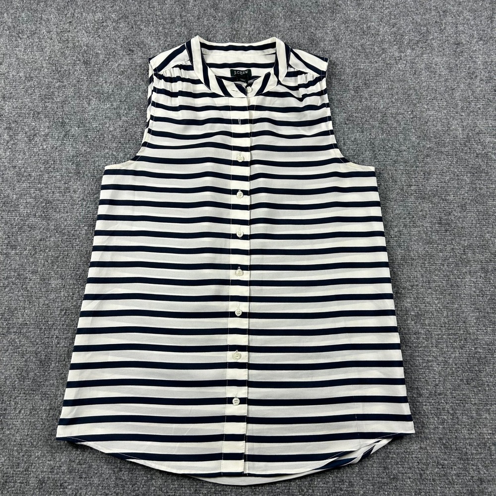 J.Crew Sleeveless Blouse Womens 2 White Navy Blue Striped Band Collar Casual Top